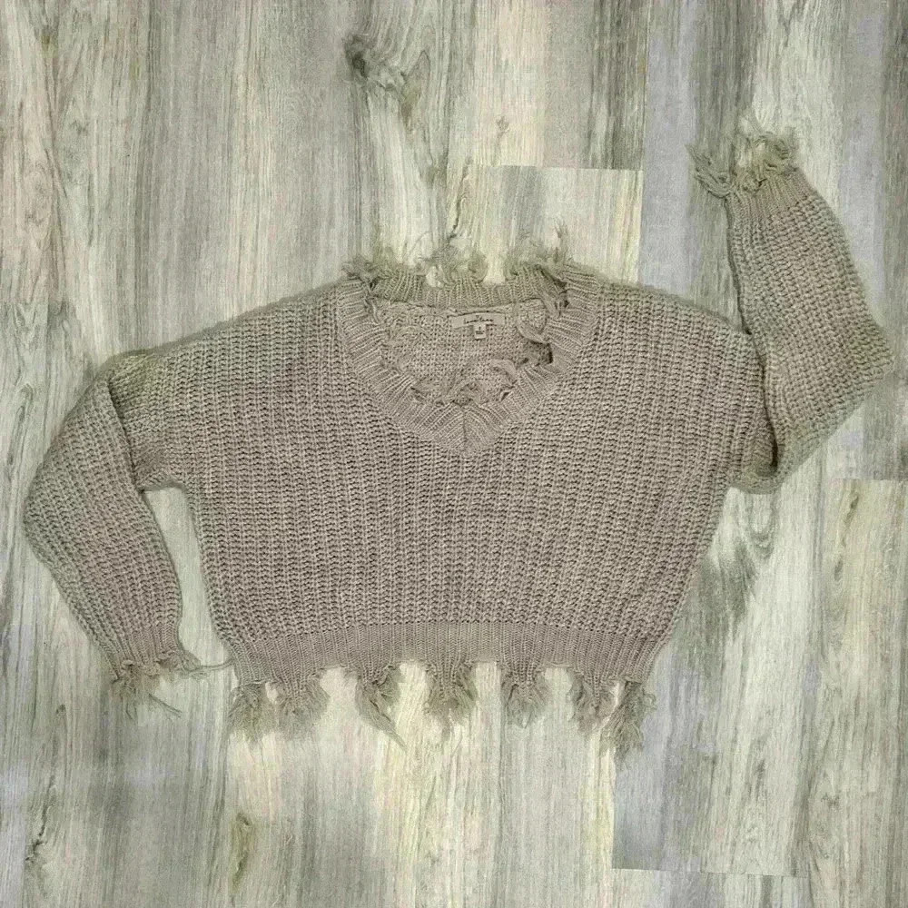 Love Tree Beige Knit Sweater Cropped Long Sleeve Distressed Oversized Size S